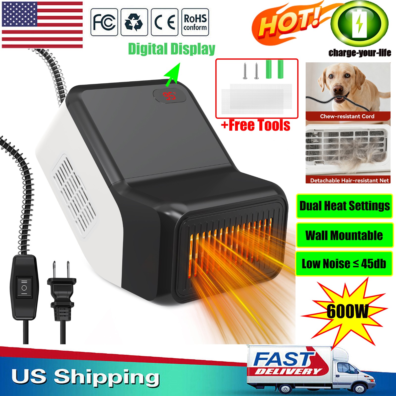 ✅Low Noise Pet Heater w/ Digital Display- Dual Heat Settings,Wall Mountable 600W