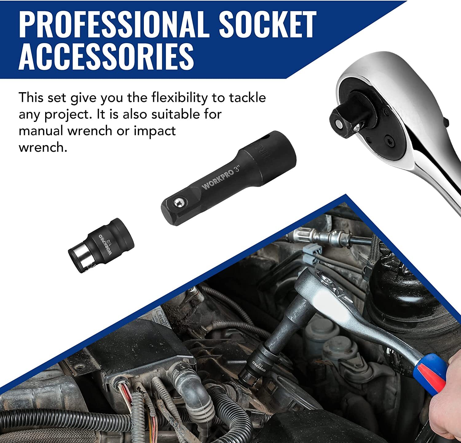 WORKPRO 18-PCS Drive Tool Accessory Set 1/4"&3/8"&1/2" Socket Adapter Extensions