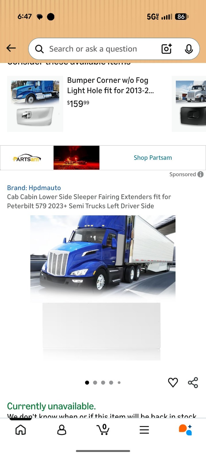 Blue Peterbilt 579 Semi Truck Cab Sleeper Fairing Extender - Left Side