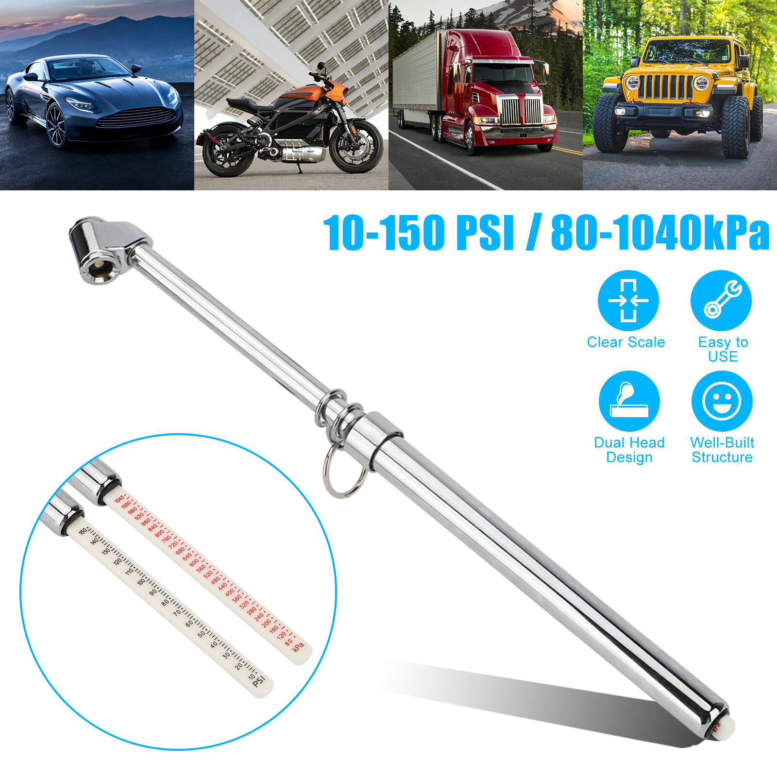 150PSI Heavy Duty Tire Air Pressure Gauge Straight-on Dual Head for Car Truck RV
