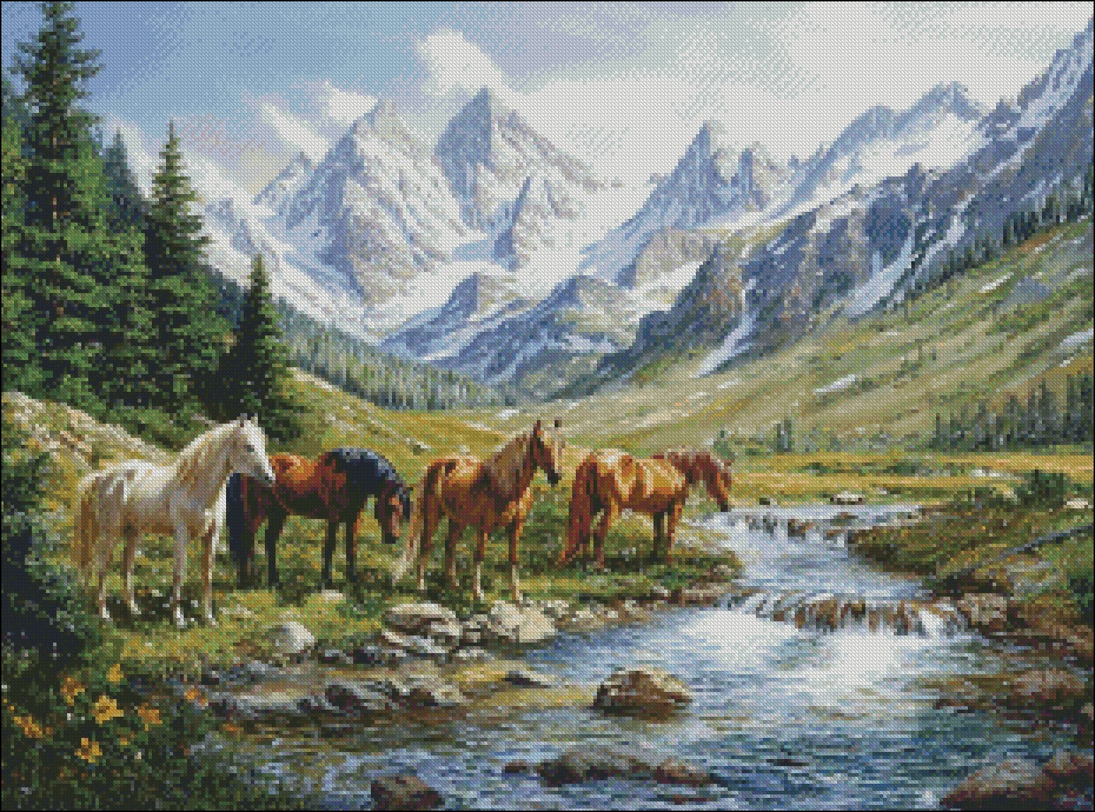 Horses in Wilderness - Chart Counted Cross Stitch Patterns Needlework DMC Color