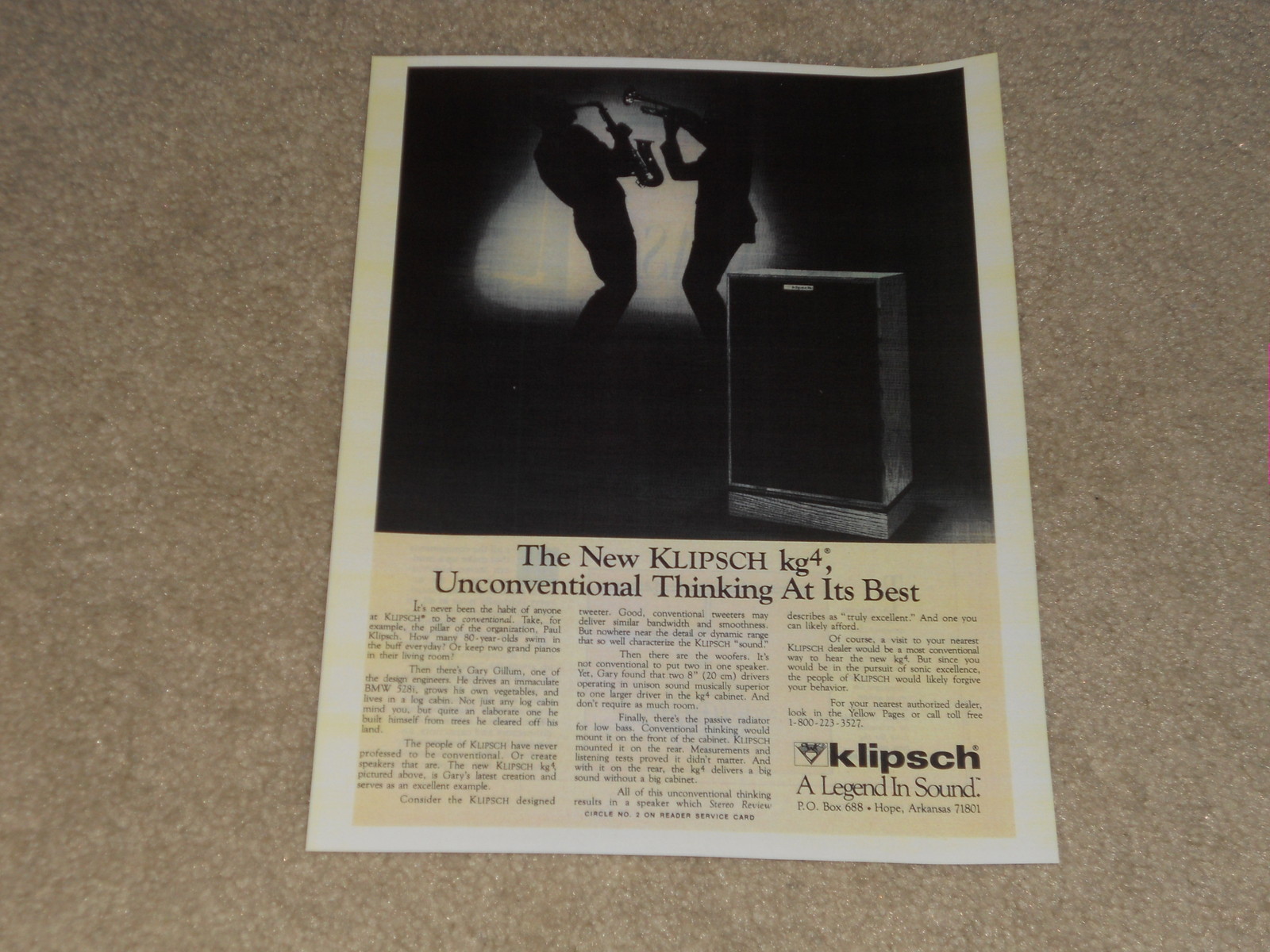 Klipsch KG4 Speaker Ad, 1985, Article, 1 page kg-4