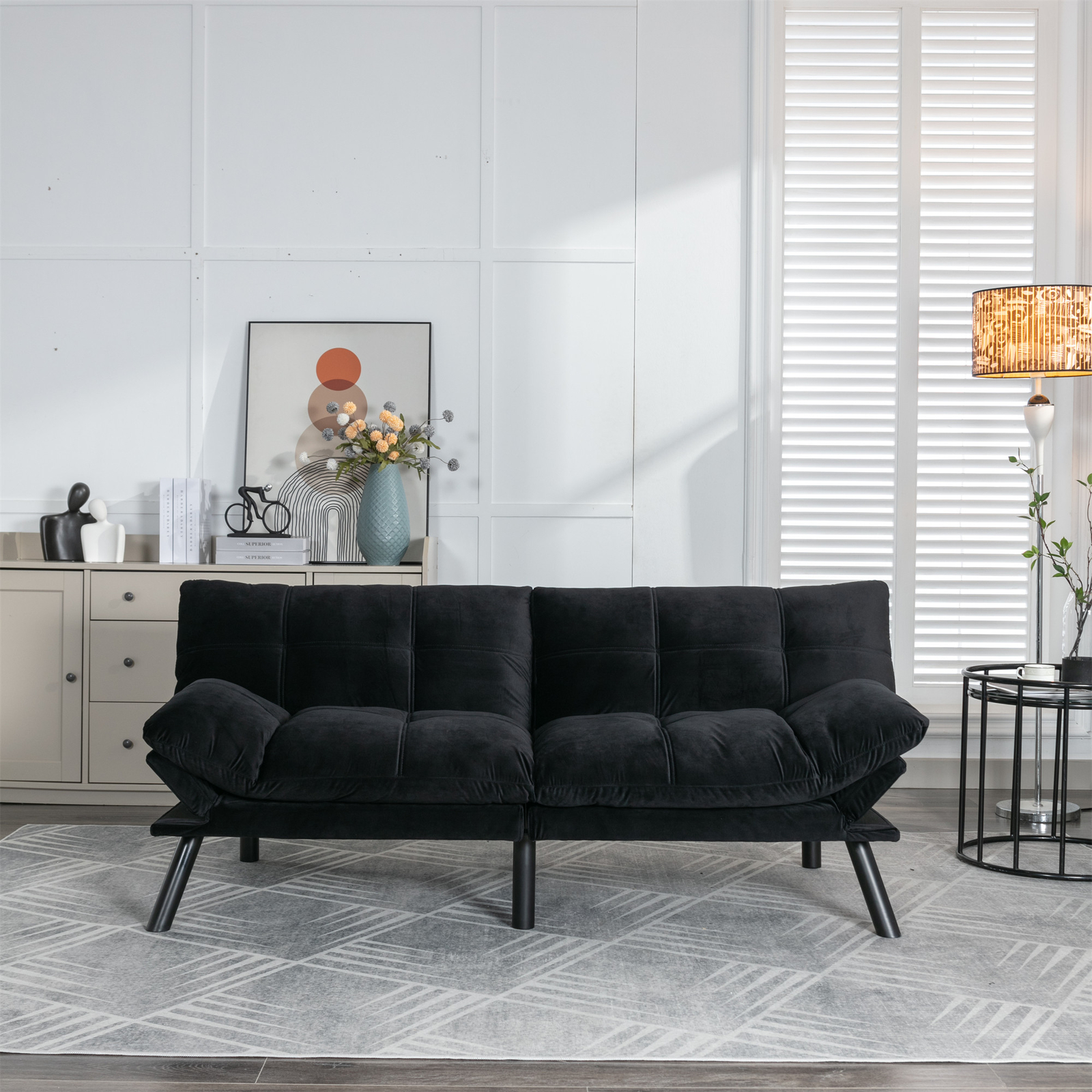 Black Convertible Folding Modern Sofa Bed Fit Small Apartment or Room Well