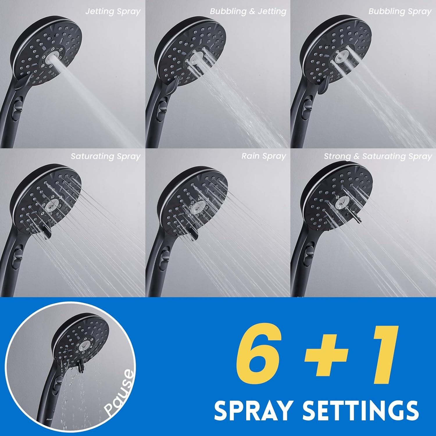 Dual Showerhead Combo, Black 8'' Rain Shower, 6 Adjustable Handholds