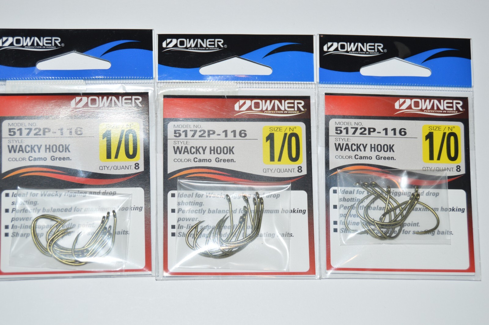3 packs owner bass drop shot wacky hook camo green 5172p-116   size 1/0