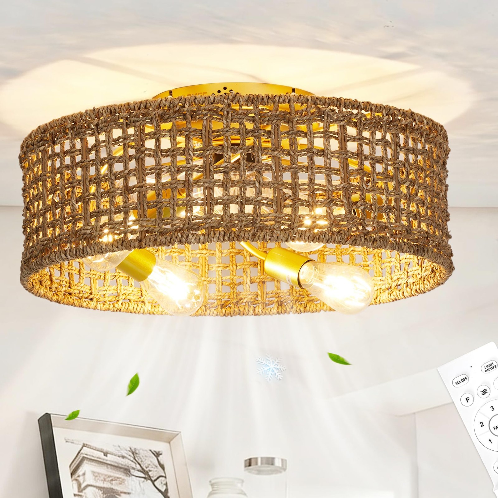 Boho Rattan Caged Ceiling Fan with Light - 20 Inch Flush Mount Fandelier Remote
