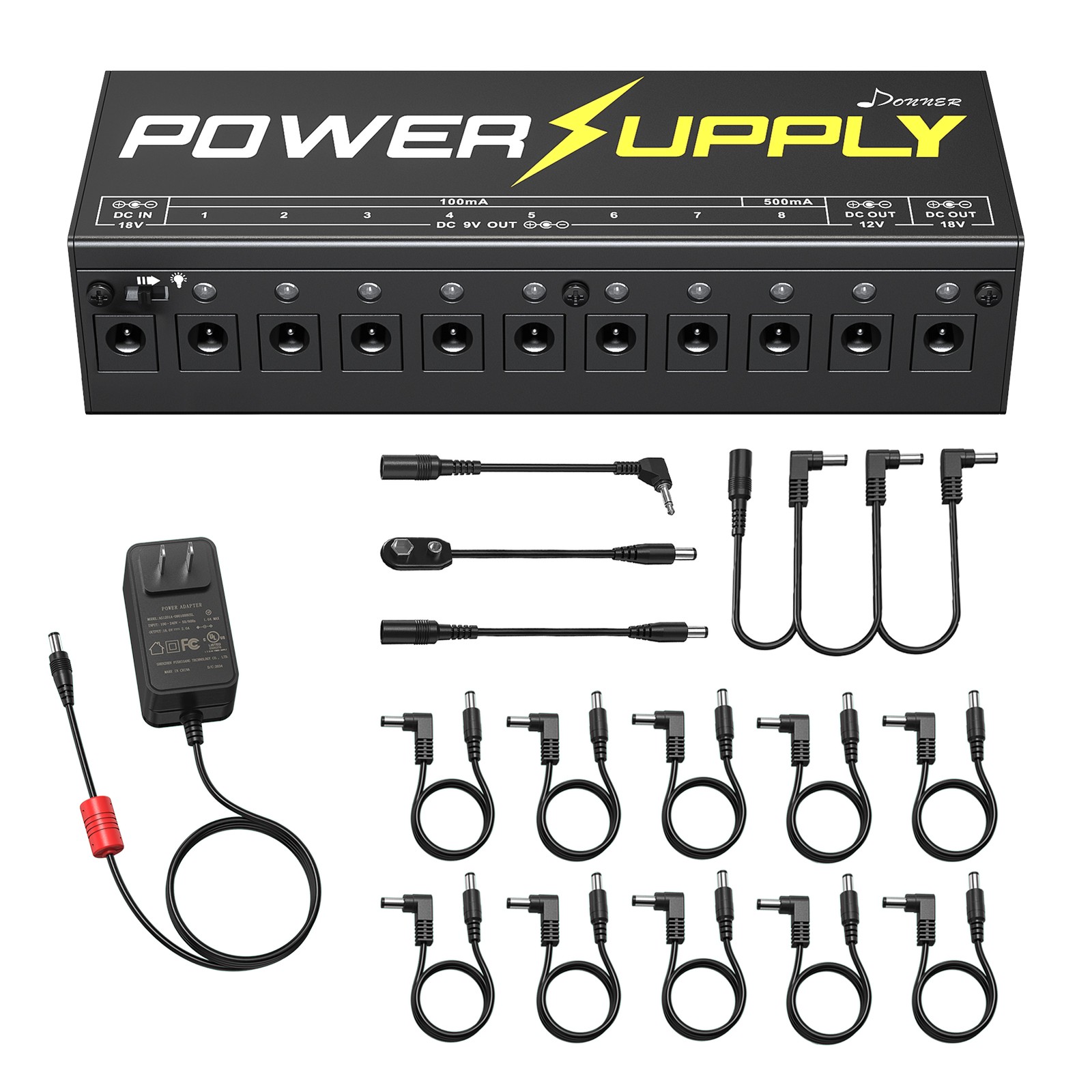 Donner DP-1 Effects Pedal Power Supply 11 Port 9/12/18V 500 mA With Accessories