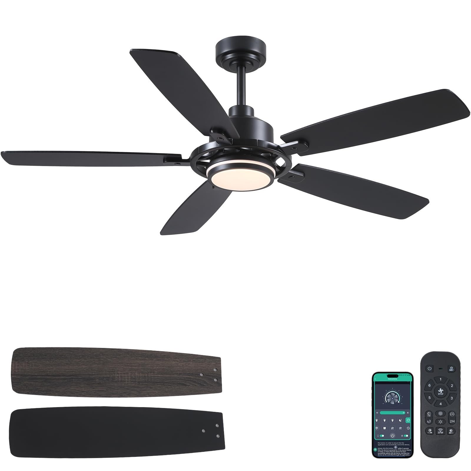 54" Black Ceiling Fans with Lights and Remote,Modern Led Ceiling Fans with Qu...
