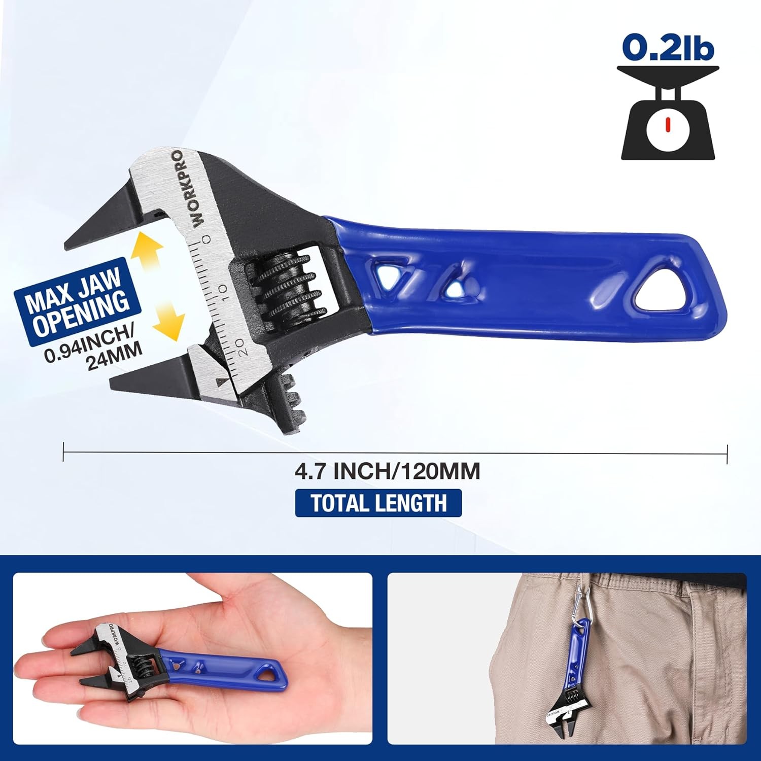 WORKPRO 4-Inch Thin Jaws Stubby Wide Opening Adjustable Wrench, Small Adjustable