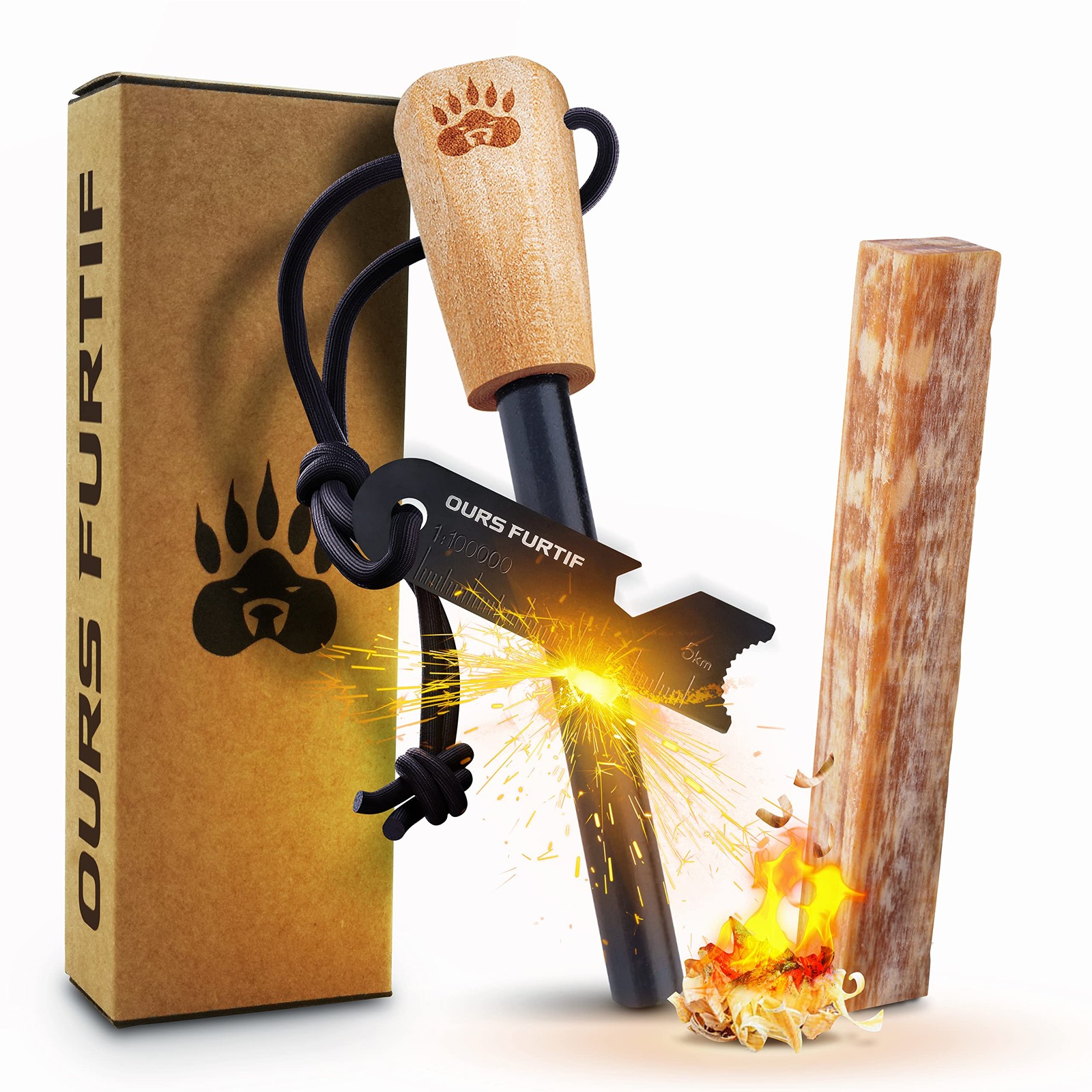 Ferro Rod Fire Starter Kit with Fatwood Tinder Stick - 3/8", Natural Wood