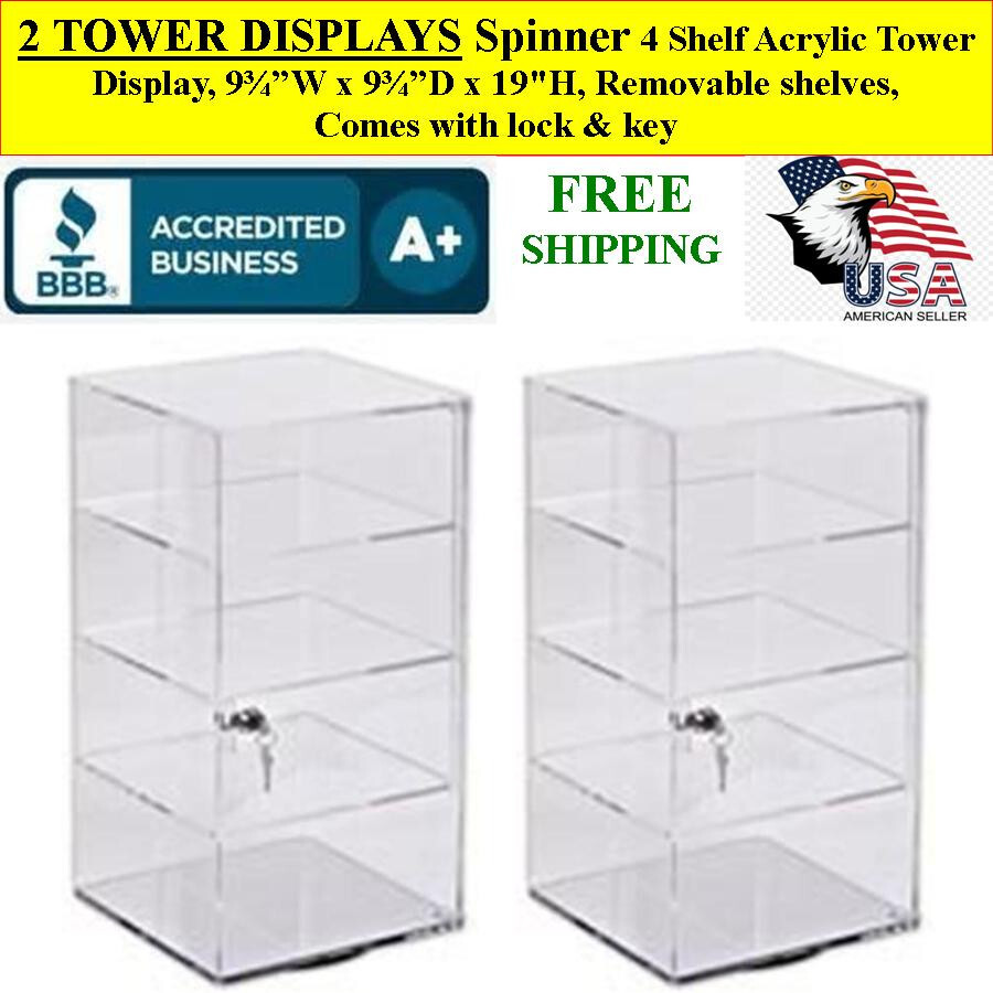 2 DISPLAYS Rotating Spinner 4-Shelf Acrylic Tower Display Comes with Lock & Key