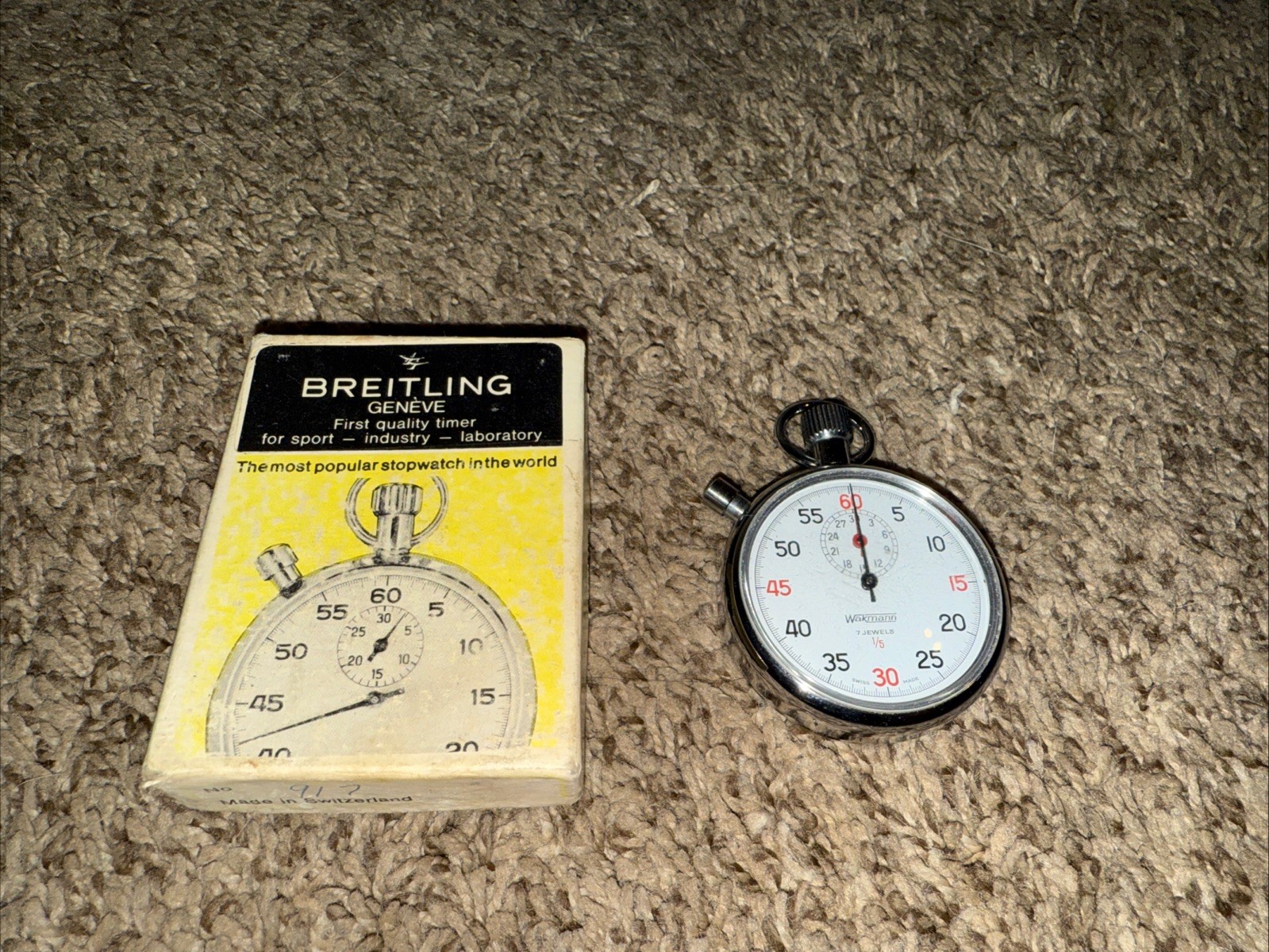 Vintage Wakmann 7 Jewels 1/5 Mechanical Stopwatch 1/10 Swiss Made w/ Box - Works