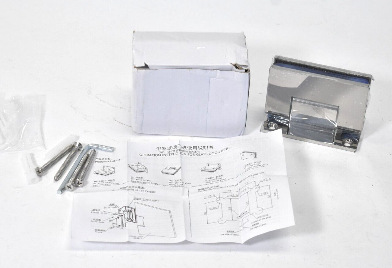 JHS Glass Door Hinge Assembly Chrome Finish w Hardware Screws Wall Mount