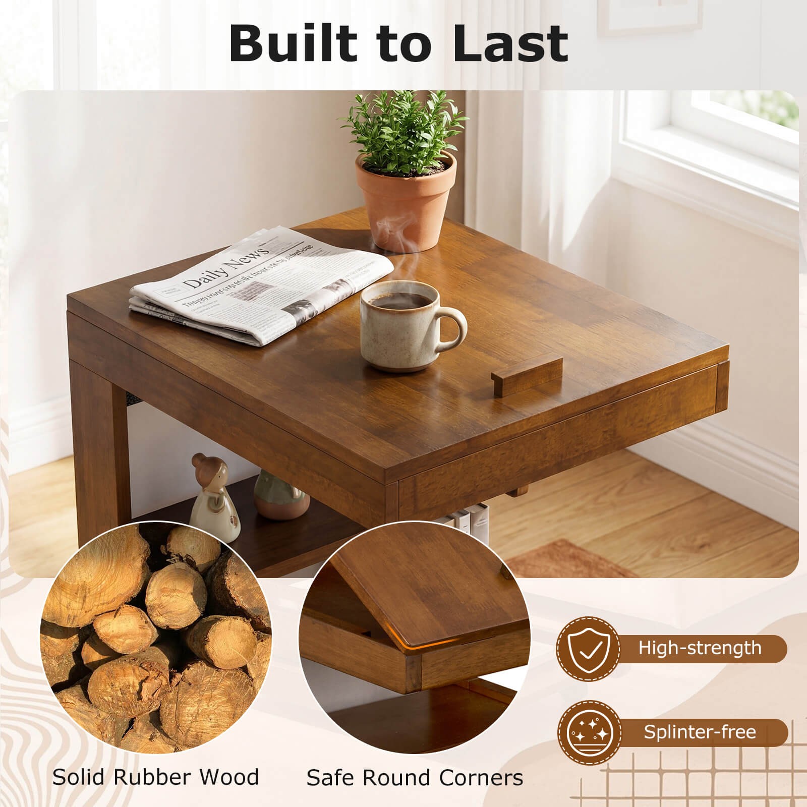 2PCS C-shaped End Table w/Wheels Adjustable Desktop Edge Stopper Storage Pocket