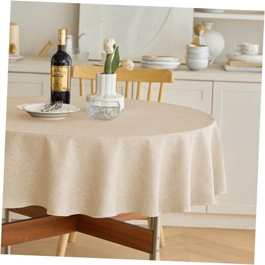 Decorelia Faux Linen Round Table Cloth 60 inch, Waterproof 60" (Round) Beige