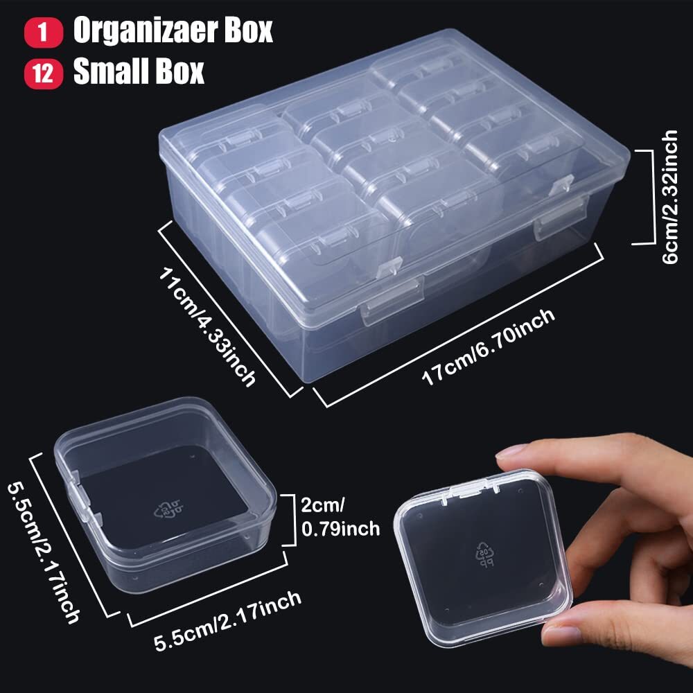 Large Clear Storage Box with 12 Pcs Small Bead Organizers Cases with Hinged Lid