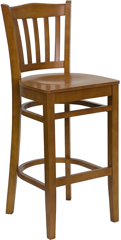 Cherry Wood Finished Vertical Slat Back Restaurant Bar Stool with Wood Seat