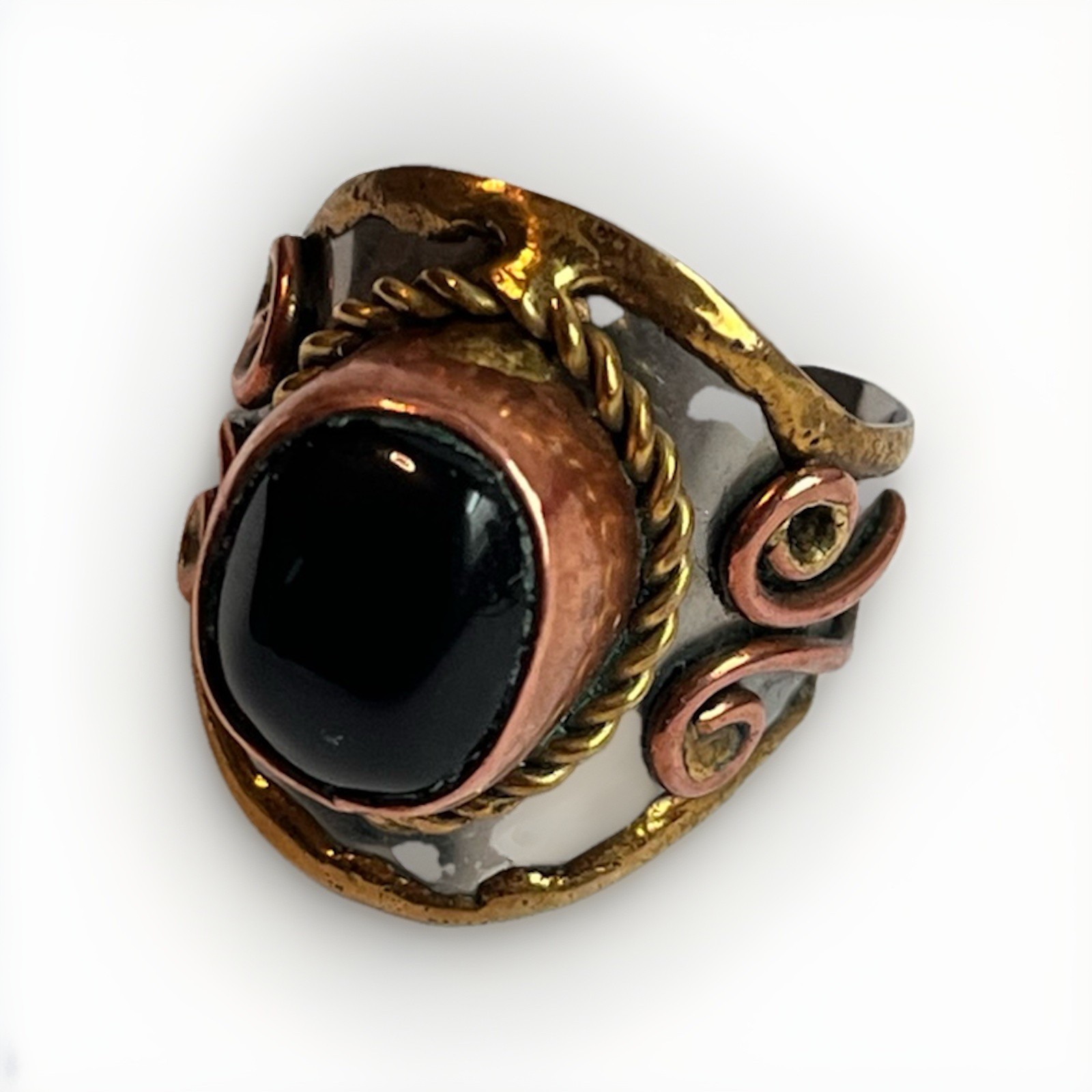 Black Onyx Stone Cuff Ring Adjustable Boho Handcrafted Mixed Metal Ring