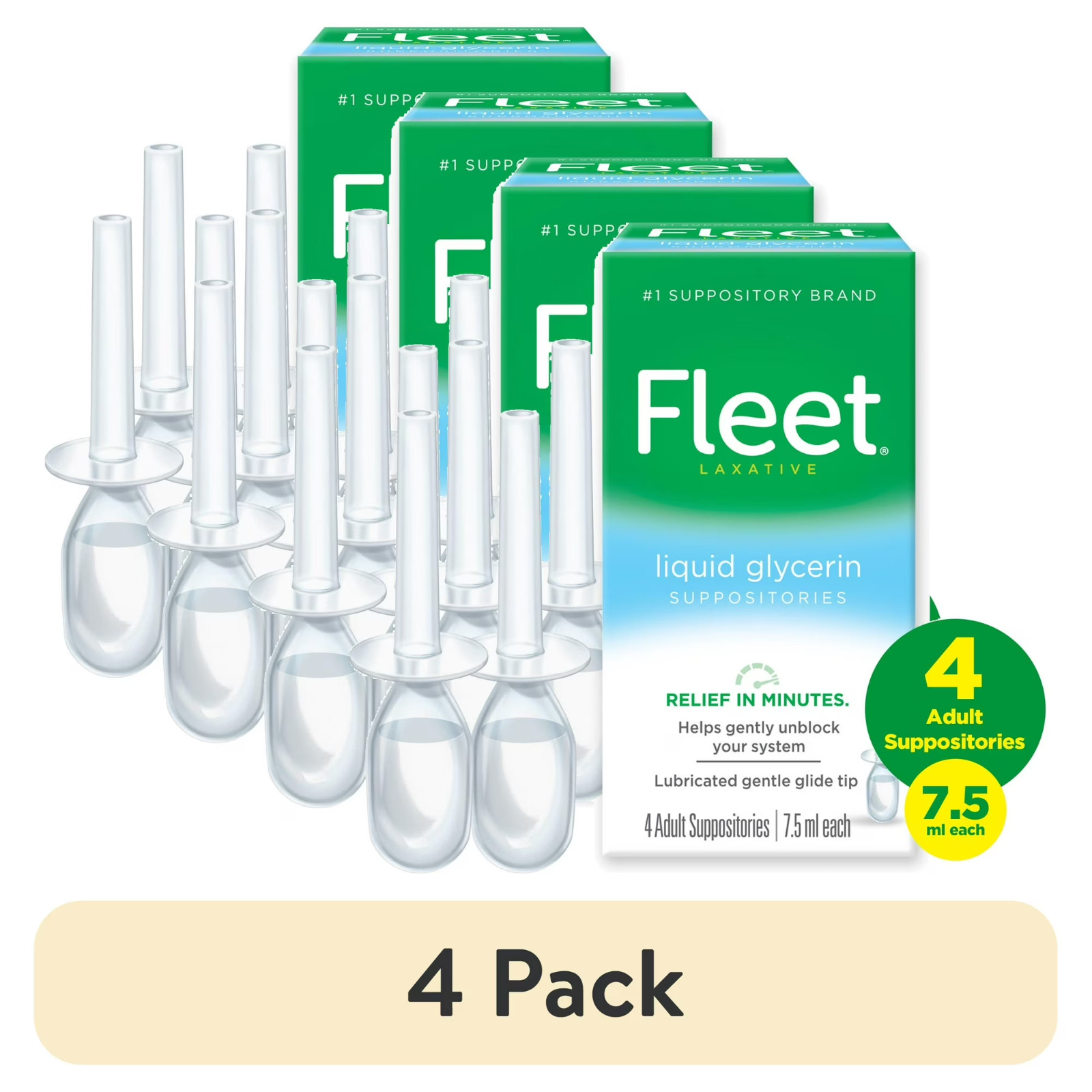 Fleet Liquid Glycerin Suppositories Adult Constipation Relief 7.5mL 4ct 4pk