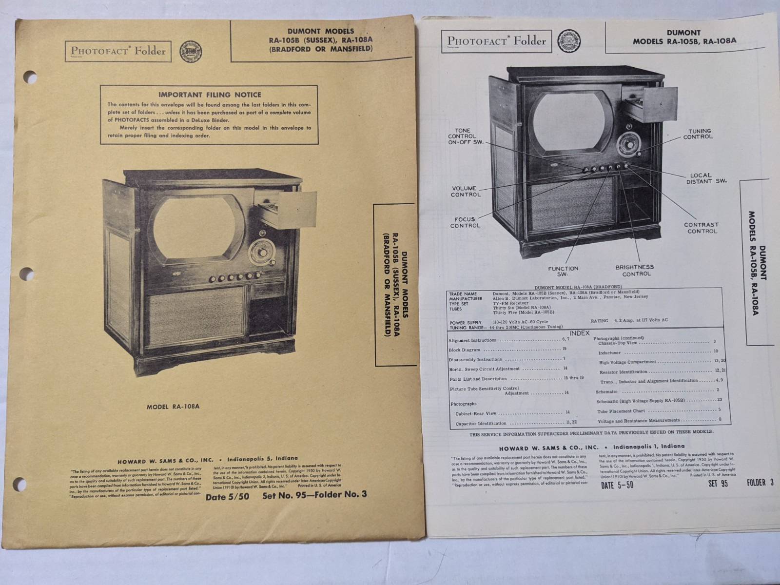 Vintage Roundie Television Dumont Model RA-105B, RA-108A Sam's Photofact