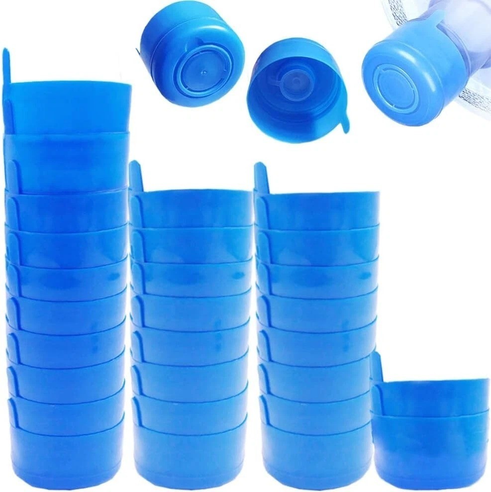 30 Pack Reusable Non-Spill Water Bottle Caps Snap On Lids for 3 and 5 Gallon