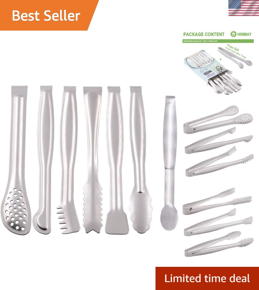 Small Serving Tongs Set 6-Inch Appetizer Tongs Stainless Steel Mini Tongs, Se...