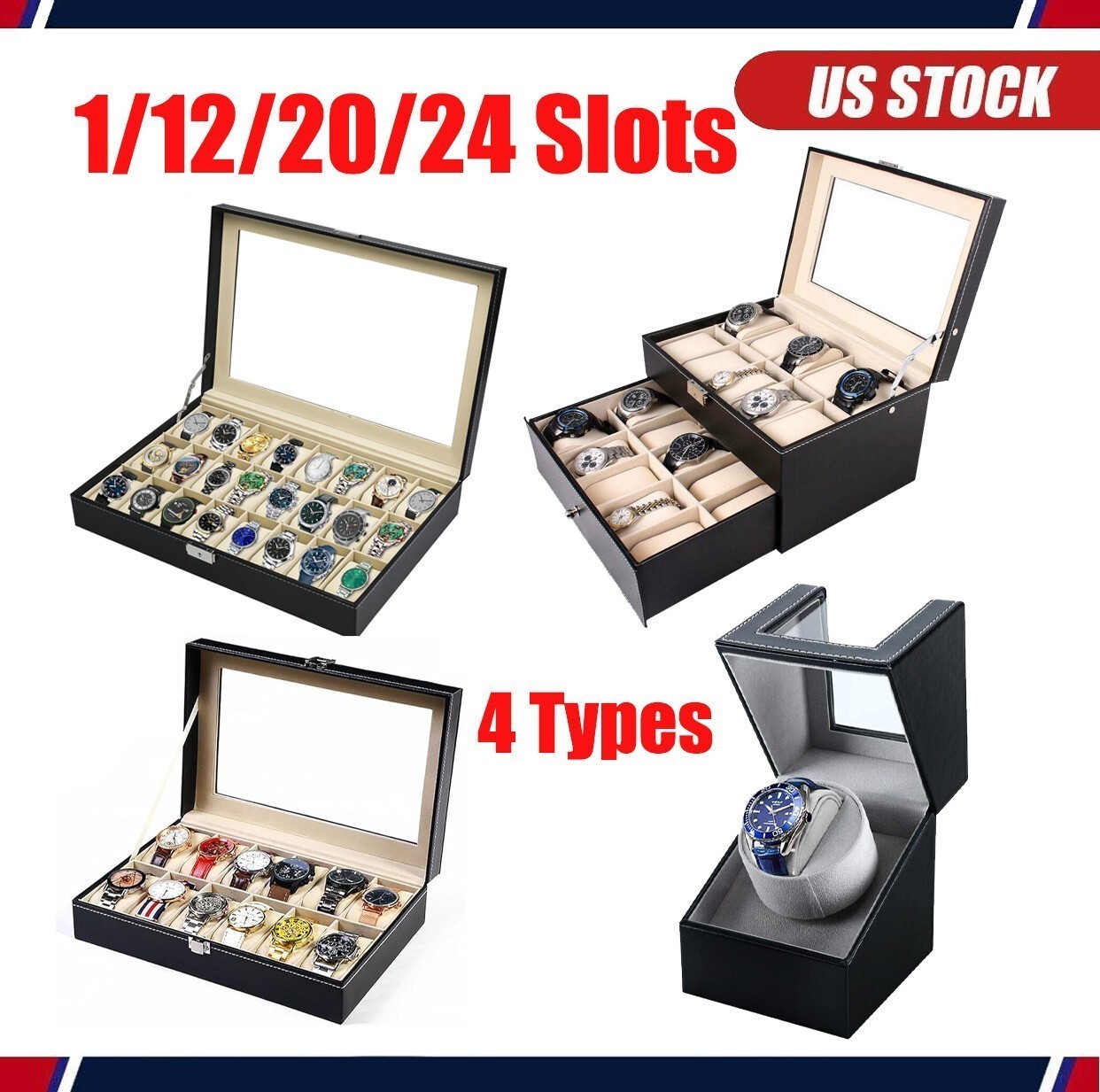 12/24/20 Slots PU Leather Wrist Watch Display Box Storage Holder Organizer Case~