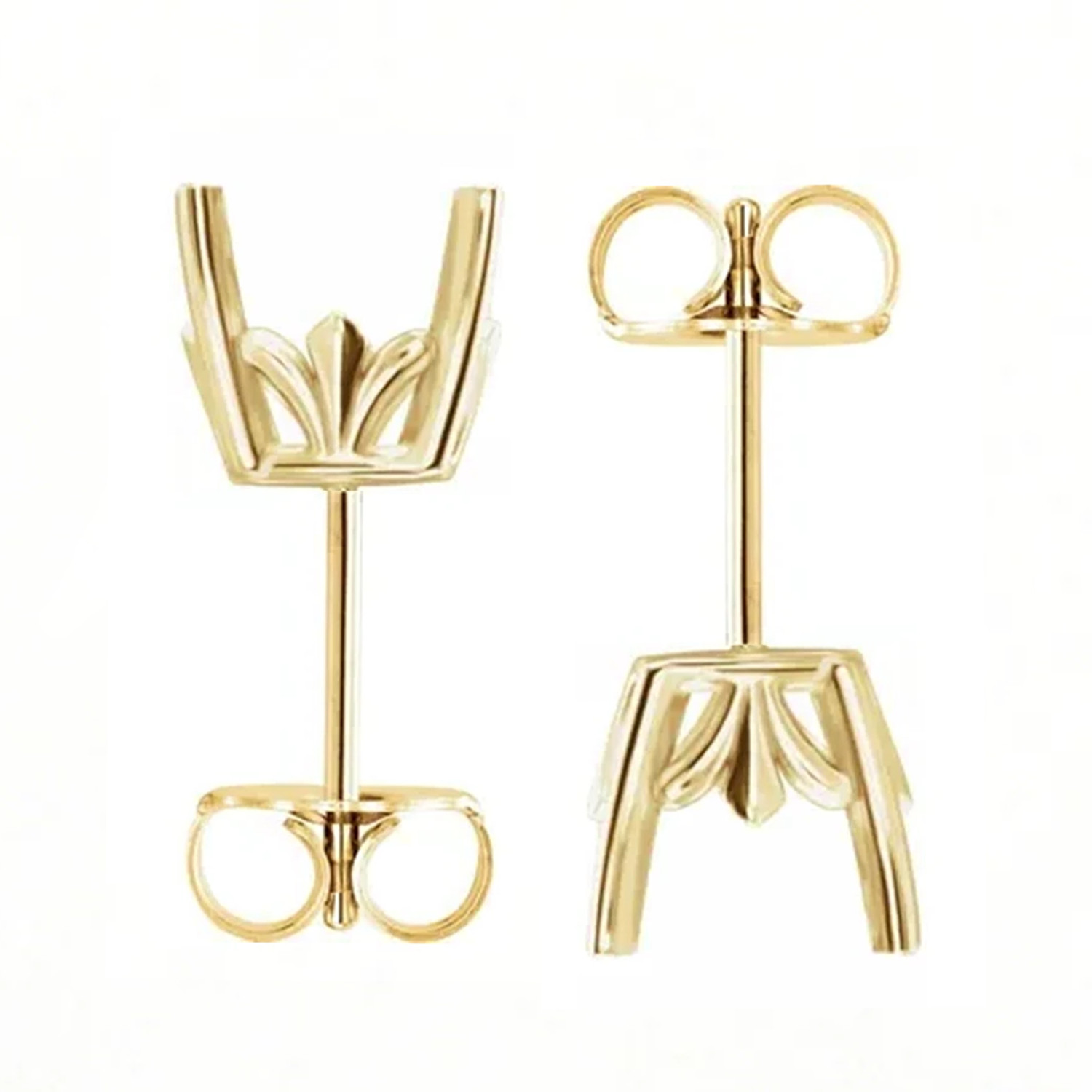 Earring Mountings 14K Yellow Gold Cushion Cut Fleur-De-Lis Friction Back -1 Pair