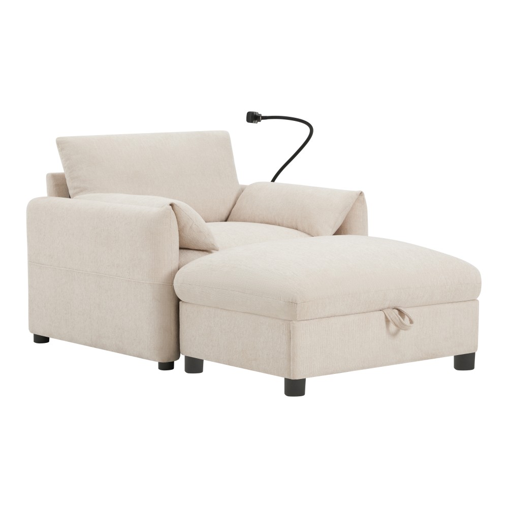 37" Chenille Cloud Chaise Lounge w/ Storage Ottoman & USB Charger