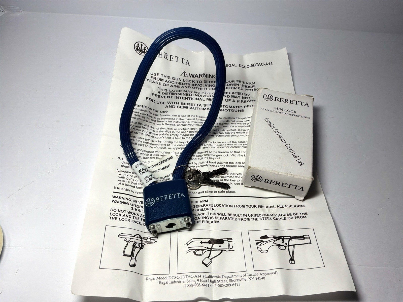 Beretta California Certified Cable Gun Lock Blue Steel with 2 Keys- New