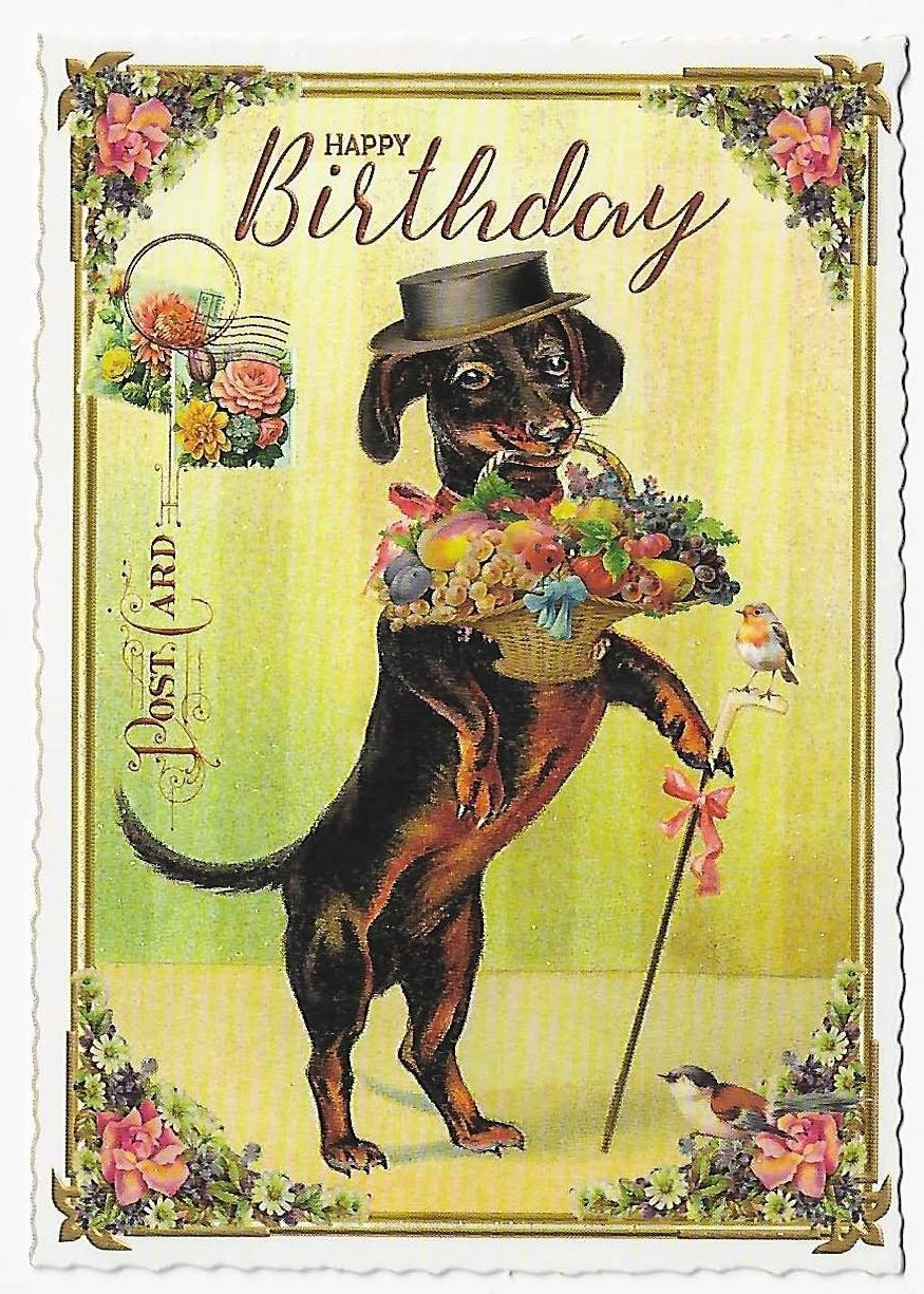 Postcard Glitter Tausendschoen Happy Birthday Dog Top hat Postcrossing
