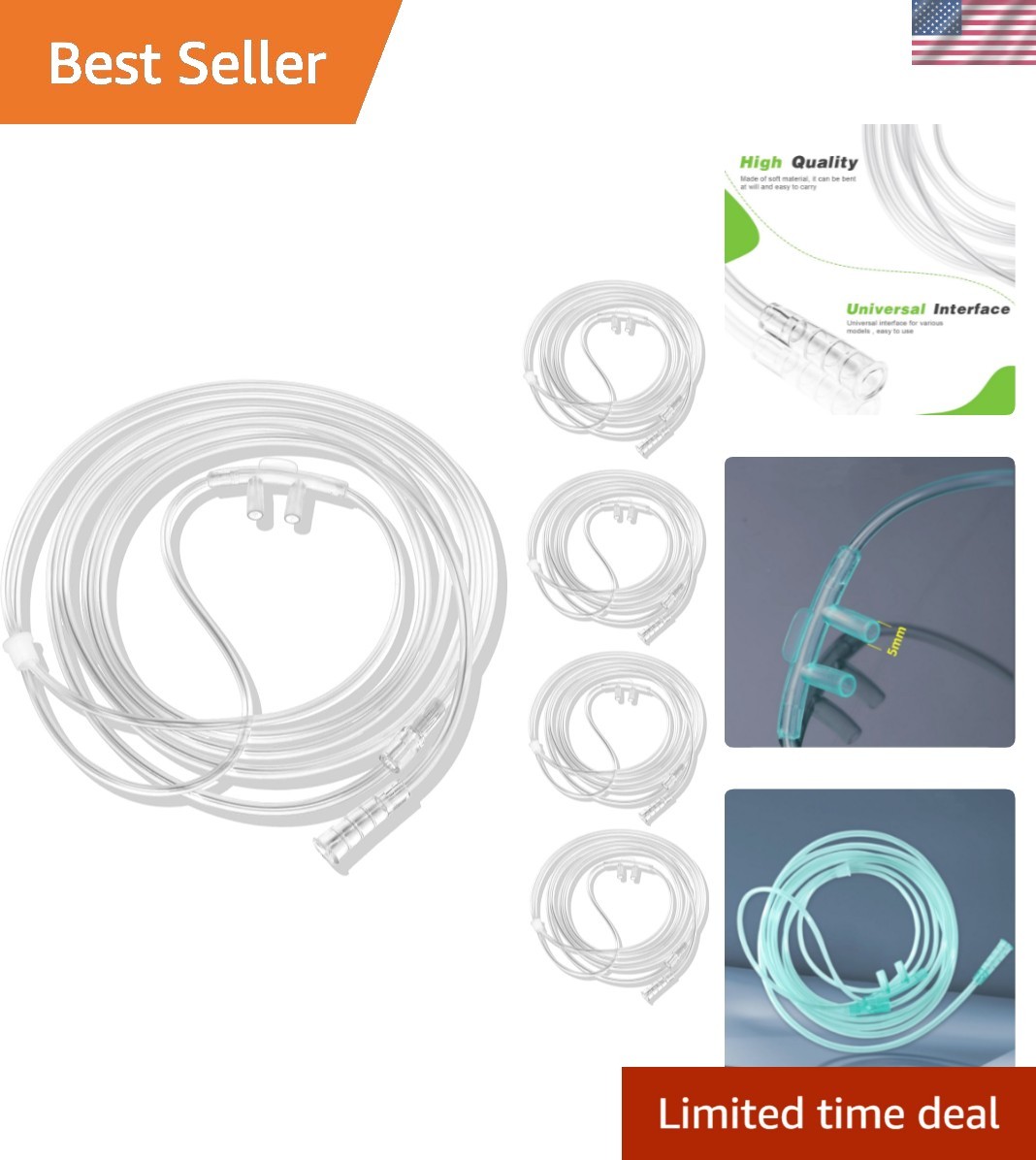 Soft Nasal Oxygen Cannula for Adult 5 Pack - 7 Feet, Standard Connector, Kink...