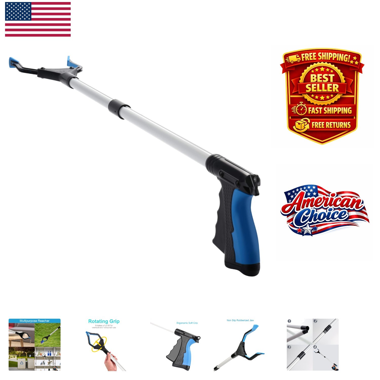 Ergonomic 32-Inch Reacher Grabber with Rotating Head - Litter Picker Utility