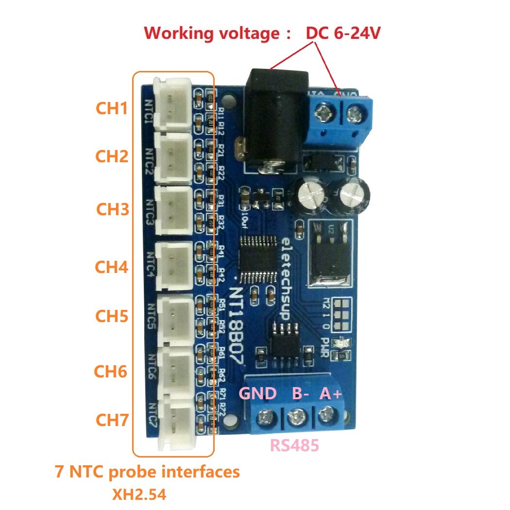 7CH DC12V RS485 10K NTC Thermistor Temperature Sensor Module Modbus Rtu UART PLC