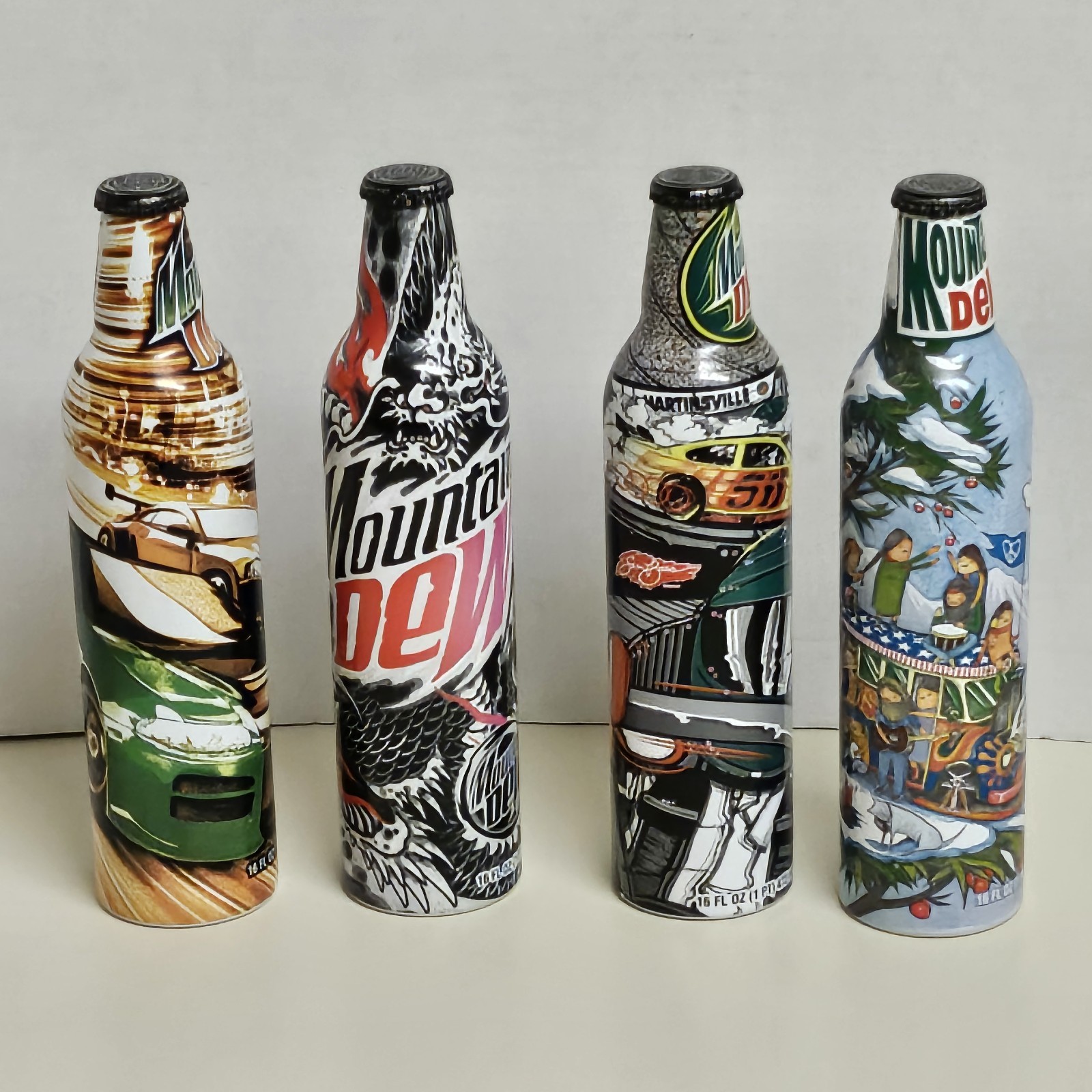 Lot Of 4 Mountain Dew Green Label Art 2008 Aluminum Bottles Unopened New #13438