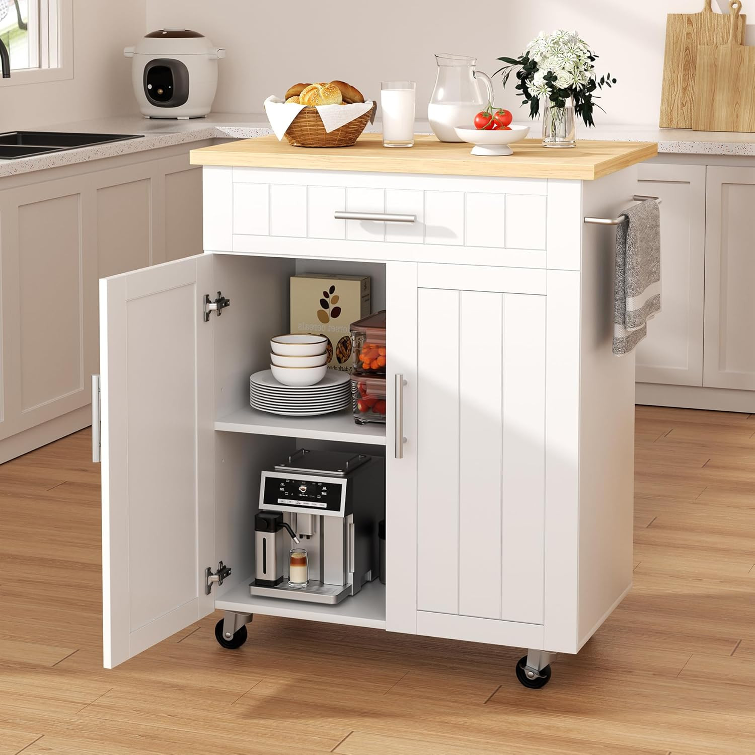 Rolling Kitchen Island Cart - Mobile Coffee Bar & Microwave Stand with Storage