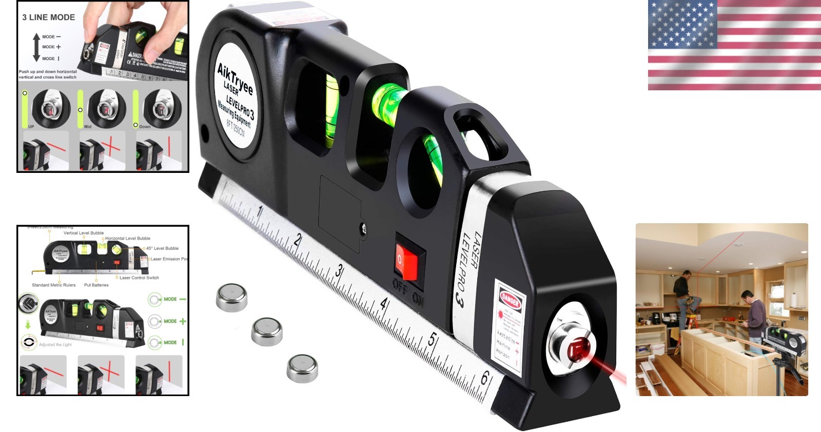 Compact 8ft Laser Level Tool for Picture Hanging and Cabinet Installation