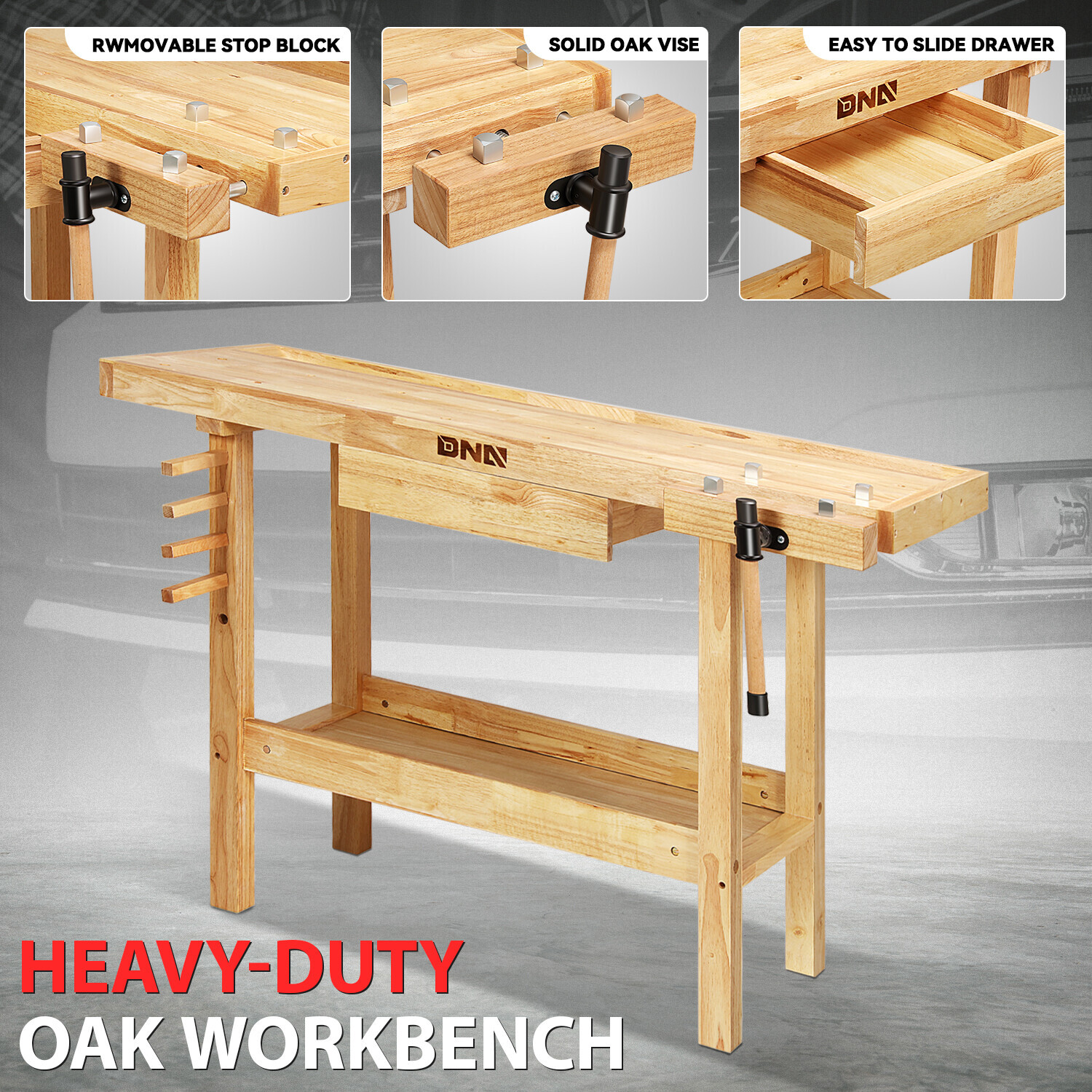 50 "x 20" Heavy Duty Oak Workbench Work Table w/ Drawer & Adjustable Handle