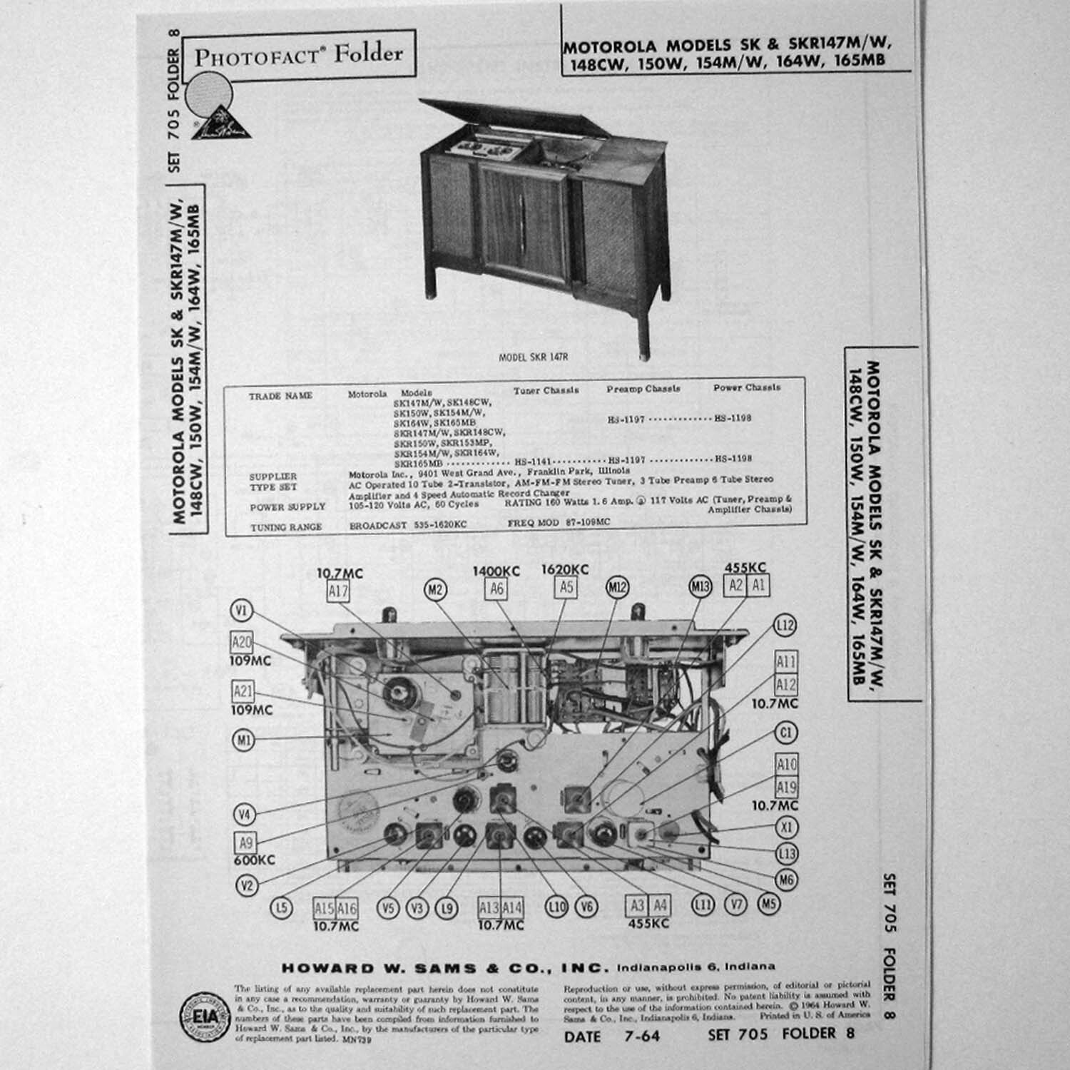 Motorola Models SK & SKR147M -W -148CW -150M -W 164W SAMS Photofact ™ 1964 - New