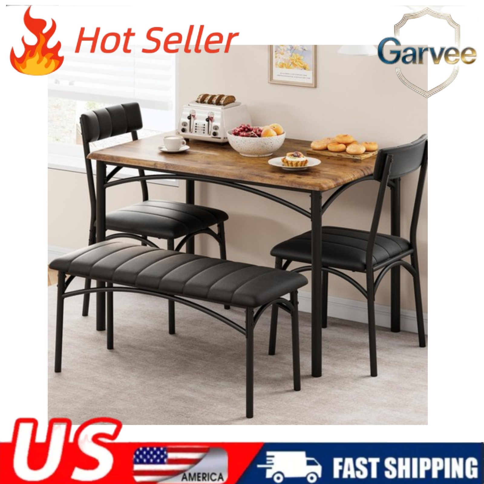 4-Piece Kitchen Dining Set with Bench and 2 Chairs for Small Spaces