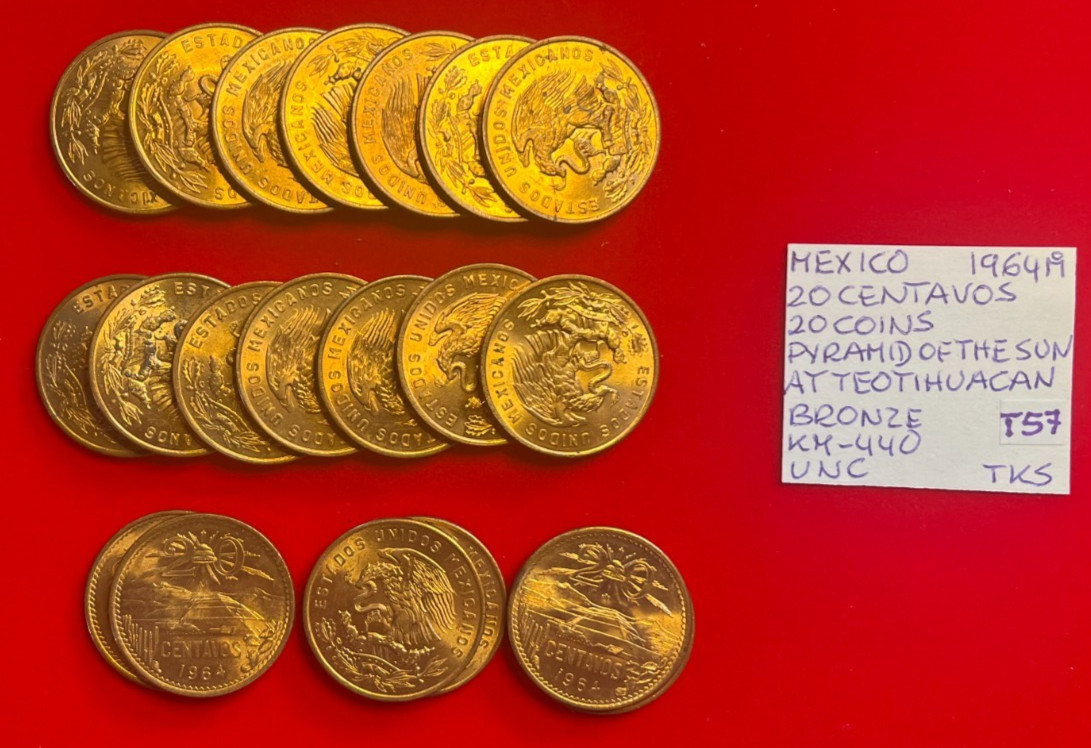 T57 Mexico  20 Coins from Mint Bag - Bronze 20 Centavos 1964 Mo  KM#440  Red UNC