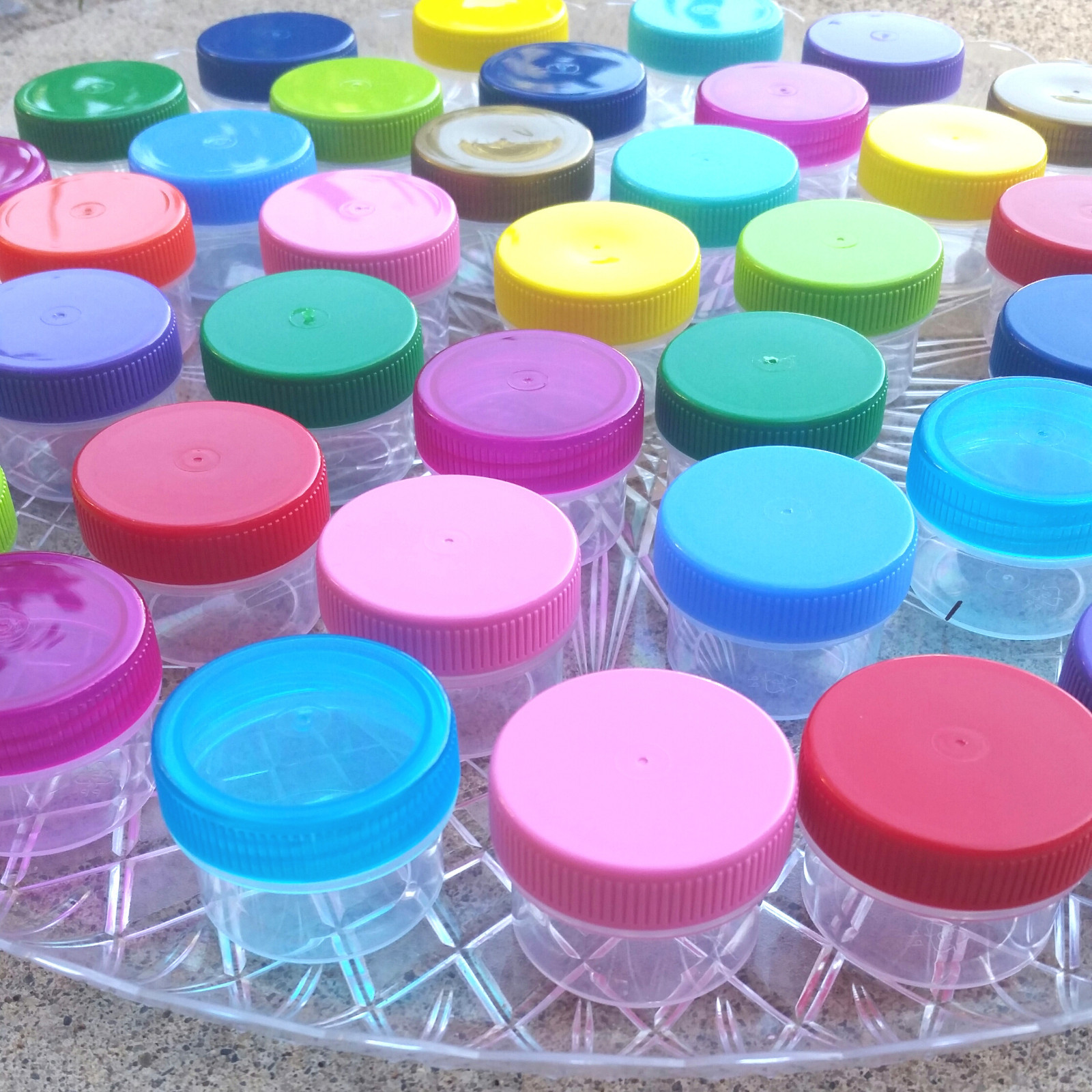 24 Jars with Multi Color Lids Caps Holds Half Ounce 1 tbl Container USA #3803