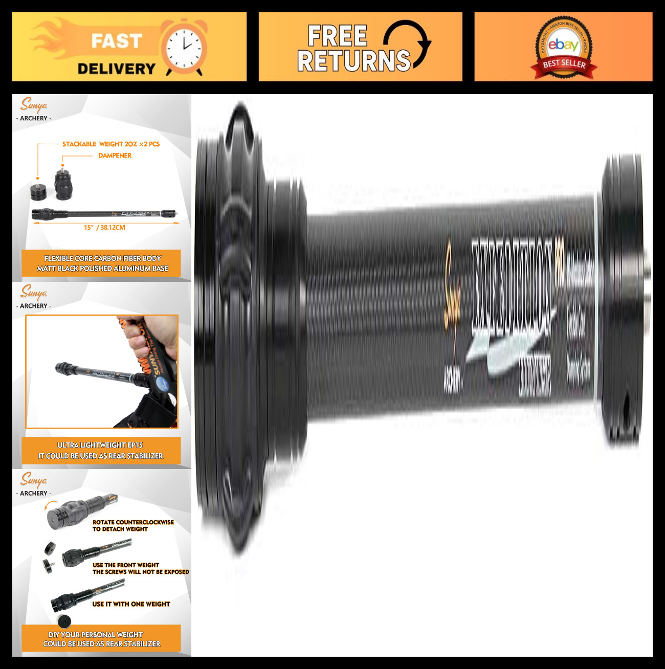 Archery Bow Stabilizer for Compound Bows - Carbon Fiber, Flexible Core, Damping