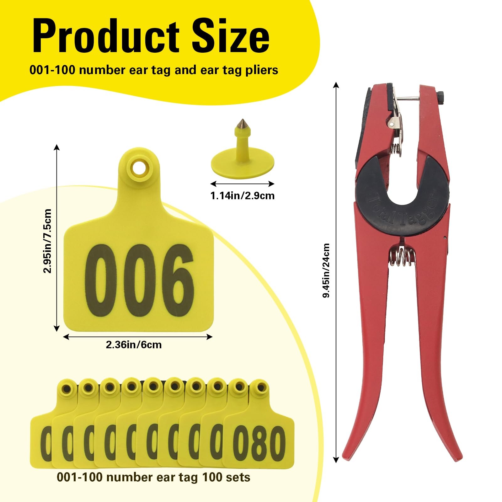 100 Yellow Numbered Cattle Ear Tags 001-100 with Applicator Kit for Cows