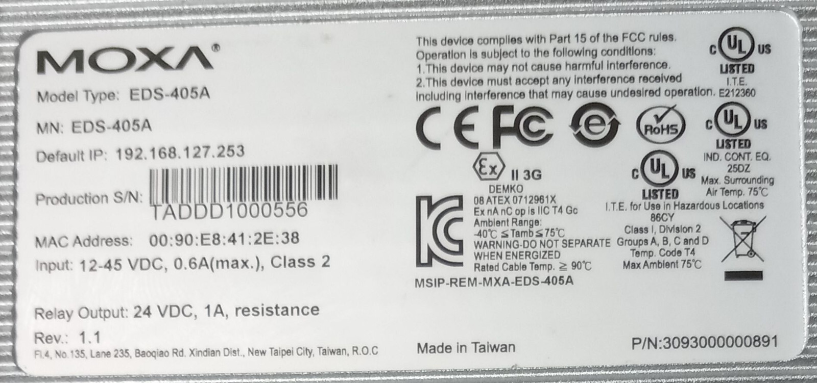 MOXA model EDS-405A Entry-level managed Ethernet switch. Version 1.1.