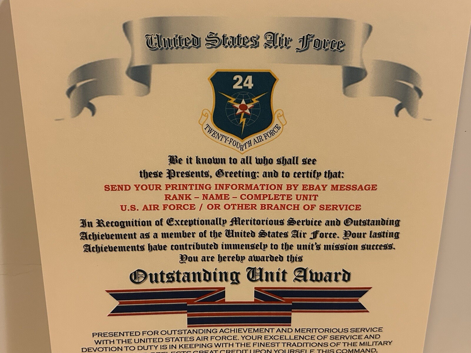 U.S. AIR FORCE / TWENTY-FOURTH AIR FORCE - OUTSTANDING UNIT AWARD CERTIFICATE