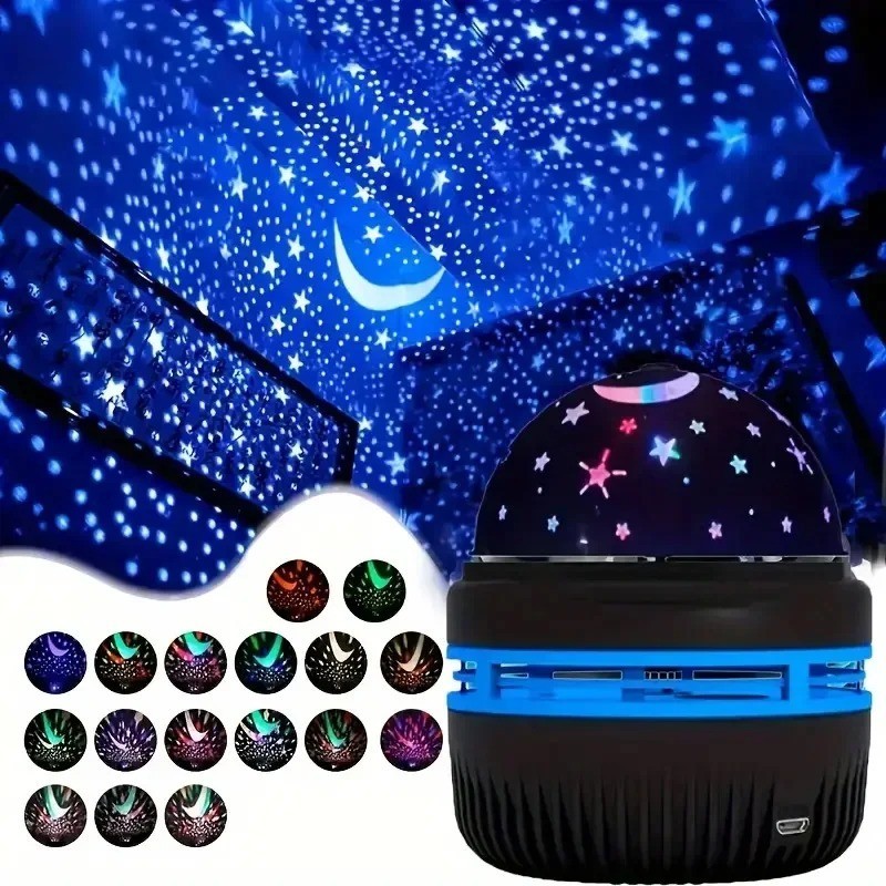 LED Starry Sky Night Light – 360° Rotating Moon & Star Projector Lamp for Kids