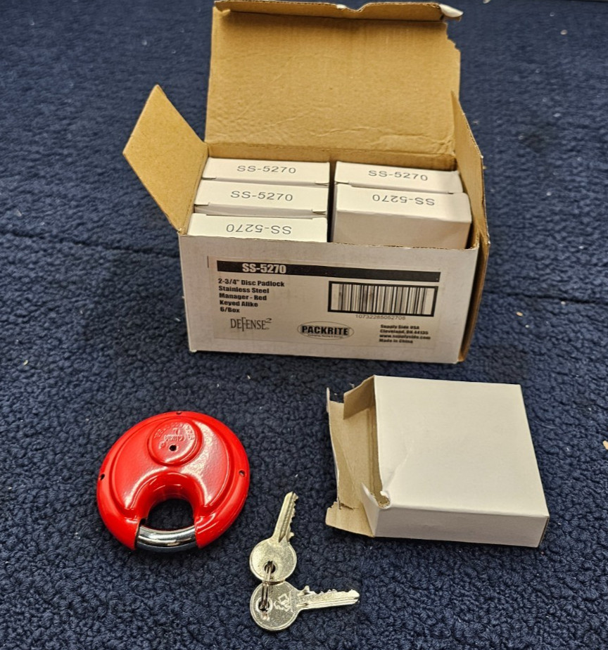 (QTY 6) Packrite Defense SS-5270 Red 2-3/4" Stainless Steel Disc Padlock