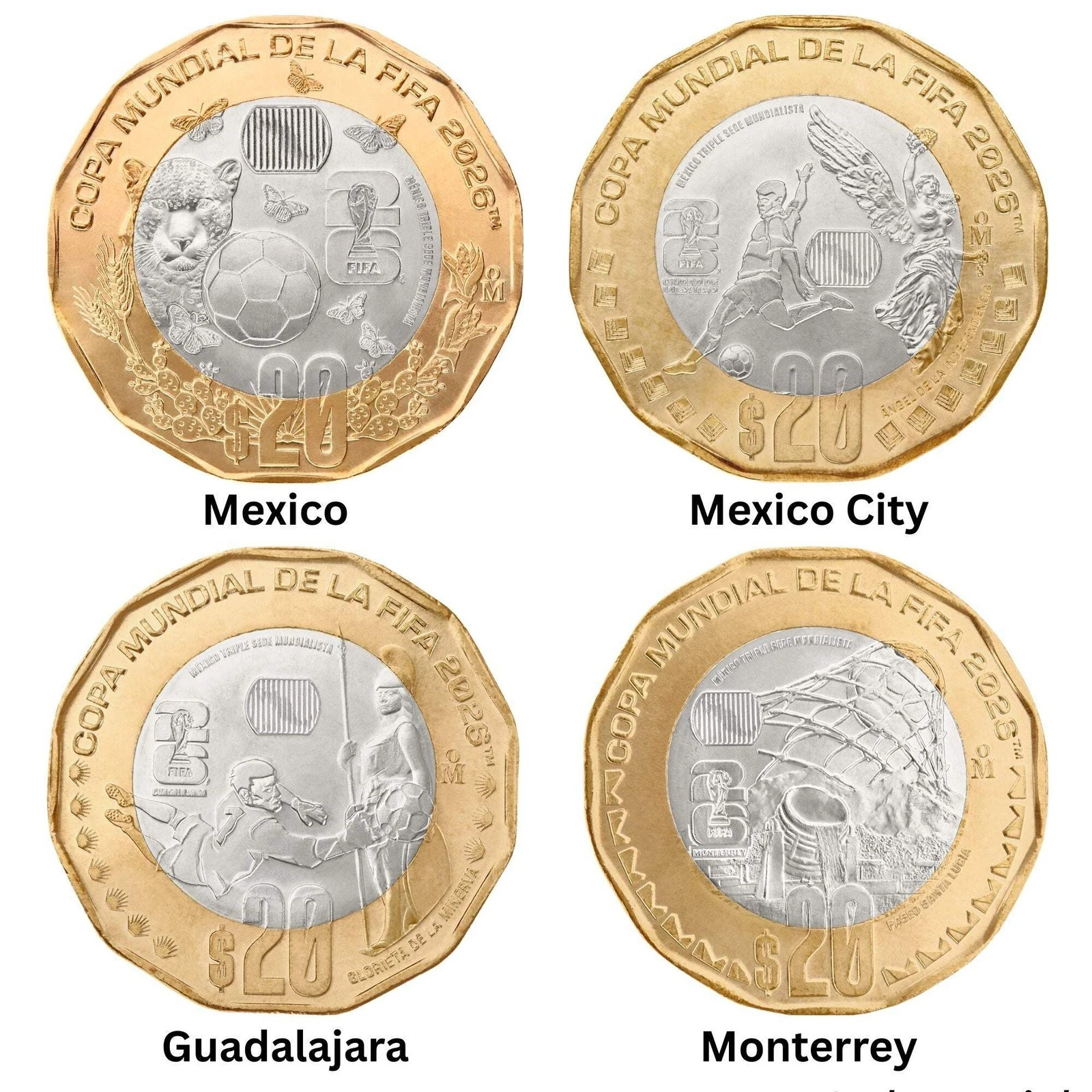 Mexico 20 Pesos, 4 Coin Set, 2026 FIFA World Cup Jaguar MC Guadalajara Monterrey