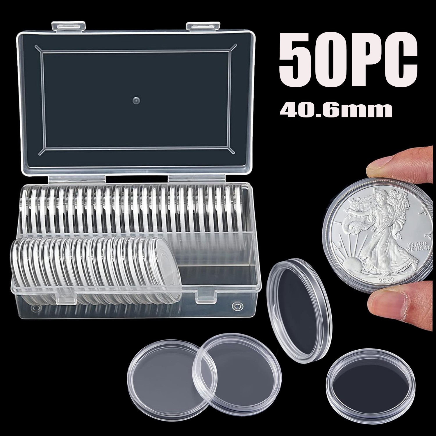 50PC Direct Fit Airtight 40.6mm American Silver Eagle 1Oz Coin Holders Capsules